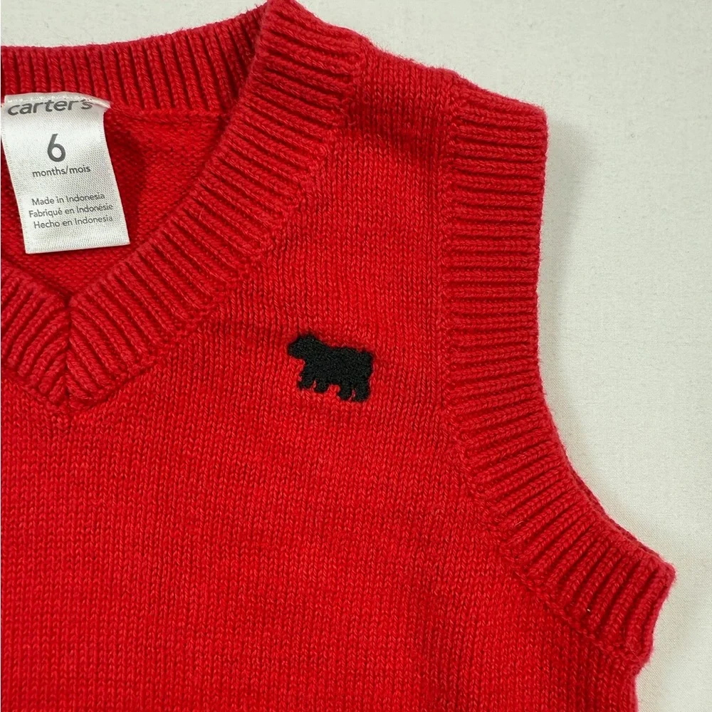 CARTERS Baby Boys Knit‎ Sweater Vest Size 6 Months Red Bear Classic Preppy